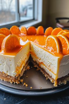 an orange cheesecake is cut into slices