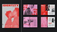 the inside pages of a magazine are spread out on black and pink background, with an image of two men kissing each other