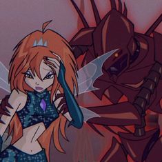 an animated image of a woman holding a knife in front of a giant demon with her hands behind her head