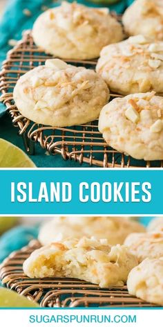 coconut cookies on a cooling rack with limes in the background and text overlay that reads island cookies