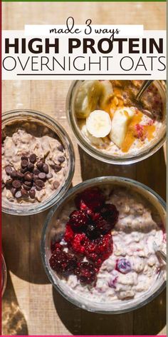 three bowls filled with oatmeal sitting on top of a wooden table