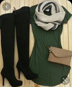 Olive Dress, Cute Fall Outfits, Mode Inspiration, Thigh Highs