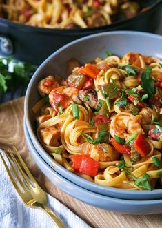 the cover of restaurant style fettuccine jamalaya with shrimp and peppers