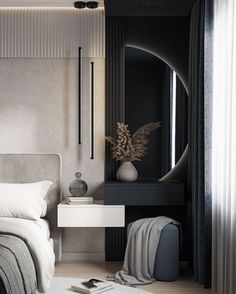 a bedroom with a bed, nightstand and mirror in the corner next to a window