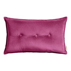 a pink pillow with buttons on the front and back, sitting against a white background