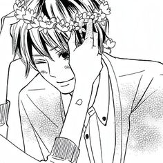 a black and white drawing of a girl with flowers in her hair holding her hand to her face