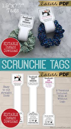 the instructions for how to make scrunchie tags with this free printable pattern