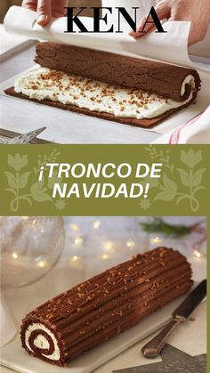 two pictures with different types of food on them and the words tronco de navidad written in spanish