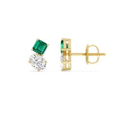 Dress up a simple outfit for a night out or for a semi-formal affair through these two-stone studs. These beauties come with a pair of diamonds on each earring - a Created Emerald square emerald and an oval diamond mounted separately on individual prong baskets but sitting right beside each other. Their subtle edginess and stunning sparkle make them the perfect accessory to glam up any look. Elegant Emerald Diamond Earrings, Emerald Earrings With Diamond Accents, Emerald Earring Stud, Diamond And Emerald Earrings Studs, Mens Neckwear, Emerald Diamond Earrings, Emerald Earrings Studs, Neck Accessories, Gorgeous Engagement Ring