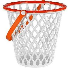 a white basket with an orange handle and plastic handles on the bottom, in front of a white background