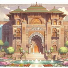 an artistic painting of a building with fountains and flowers in front of the entrance to it