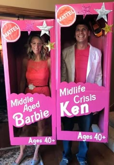 two people are dressed up as barbie and middle - aged babies in pink cardboard cutouts