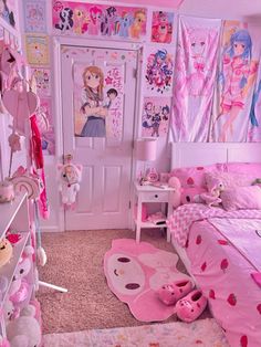 a bedroom decorated in pink and white with pictures on the wall