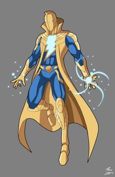 an image of a man in blue and yellow costume with his hands out to the side