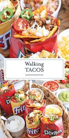 some tacos and other food on a table with the words walking taco's