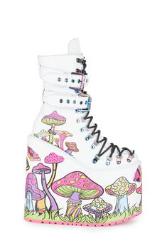 Free, fast shipping on Psychedelic Fairytale Double Stack Traitor Boots - White at Dolls Kill, an online boutique for punk and streetwear fashion. Shop our exclusive collection of Current Mood clothing, shoes, and accessories here. Gremlin Aesthetic, Forest Gremlin, Scifi Fashion, Dollskill Shoes, Clear Platform Heels, Rave Ideas, Cute Converse Shoes, Rave Shoes, Current Mood Clothing