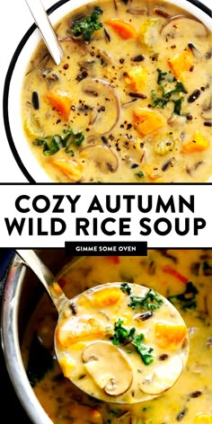 two pictures with different types of soup in them and the words cozy autumn wild rice soup