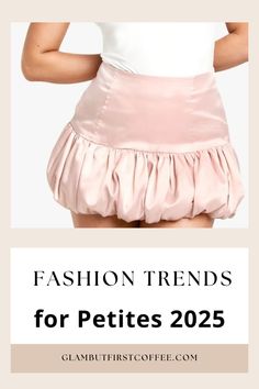 a woman wearing a pink skirt with the words fashion trend for petites 205 on it