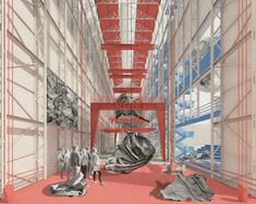 an artist's rendering of the interior of a building with red and blue scaffolding