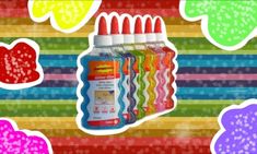 a colorful background with different types of toothbrushes and gummy bears on it