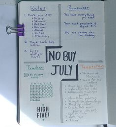 a notebook with writing on it that says, no buy july and high five rules