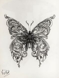 a black and white drawing of a butterfly with intricate designs on it's wings