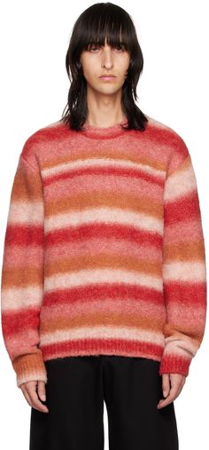 Knit wool and nylon-blend sweater. Striped pattern printed throughout. · Rib knit crewneck, hem, and cuffs · Logo hardware at back collar Supplier color: Red Orange Sweater Outfit, Mens Red Sweater, Red Striped Sweater, Sweaters Outfit, Sweater Striped, Classic Sweater, Knit Alpaca, Orange Sweaters, Knitwear Men