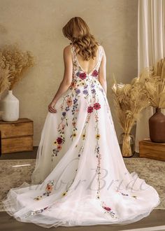 Colorful Boho Wedding Dress, Wedding Dress With Colorful Flowers, Wedding Dresses Floral, Romantic A Line Wedding Dress, Untraditional Wedding Dress, Floral Wedding Dresses, Floral Applique Dress, Wedding Dresses Hippie