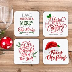 "Add a personal touch to your next party with our fun and festive Christmas coasters. Our coasters are personalized to make it easy to give as gifts. You can purchase just one or all four! It is nice to be able to personalize each coaster so you can give one to everyone on your Christmas list. So go ahead and order one for your friends, family, co-workers, and the list goes on. *Gloss White Hardboard Square Coaster *Cork Back to protect furniture *Size 3.75\" x 3.75\" x .125\" *Made in the USA * Christmas Coasters Painted, Christmas Coasters Woodburned, Christmas Coasters Not On The High Street, Square Christmas Coasters, Christmas Wedding Favors, Coasters Christmas, Holiday Coasters, Christmas Sayings, Tea Party Favors