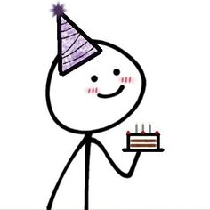 a drawing of a person holding a cake with candles on it and wearing a party hat