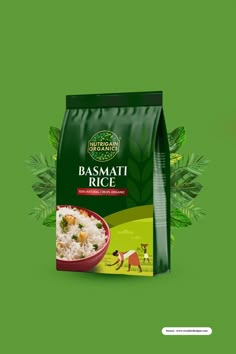 a bag of basmati rice on a green background