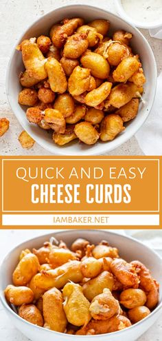 quick and easy cheese curls in a white bowl with the title overlay above it