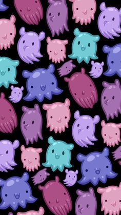 a bunch of different colored animals on a black background with blue, pink and purple colors