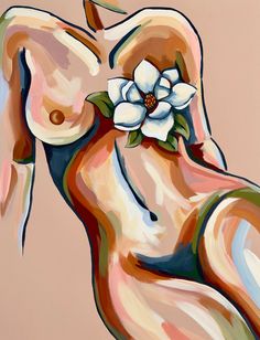 a painting of a woman's torso with a flower on her left breast and right breast