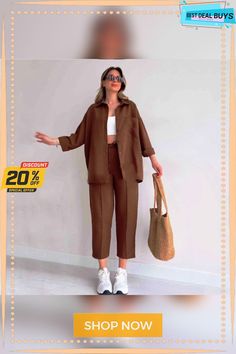 Plus Size Women's Fall Casual Loose Shirt Coat Cropped Sport Harem Pants Two-piece Set Casual Workwear Set With Lapel Collar, Casual Sets With Lapel Collar For Work, Summer Workwear Sets With Lapel Collar, Casual Brown Workwear Sets, Summer Workwear Sets In Brown, Brown Long Sleeve Sets For Spring, Loose Shirt, Women Wholesale, Loose Shirts