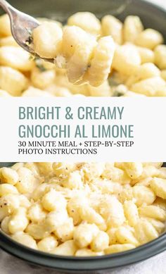 broccoli and creamy gnocchi al limone in a bowl with a spoon