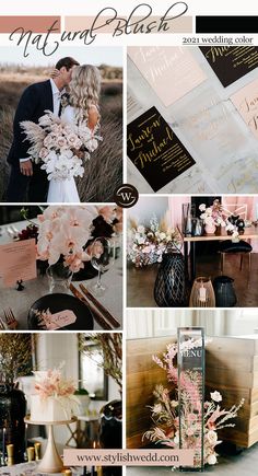 a collage of photos with pink flowers and gold foil on them, including the bride's bouquet