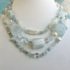 Aquamarine, Pearl & Quartz Triple Strand Necklace, Artisan Designed & Made  | eBay Homemade Jewelry, Sapphire Necklace, Sea Glass Jewelry, Precious Jewelry, Unique Necklaces, Strand Necklace, Blue Beads, Kendra Scott, Necklace Designs