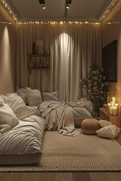 a living room filled with lots of pillows and blankets