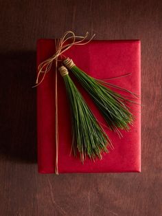 a red box with two green plants on it sitting on top of a wooden table