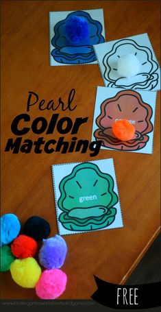 some colorful paper and pom poms on a table with the words, pearl color matching