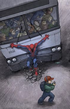 a man standing in front of a bus with spider - man on it's face