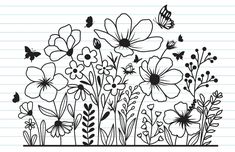 flowers and butterflies on lined paper with the words svg pro - df files