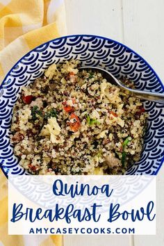 quinoa breakfast bowl on a blue and white plate