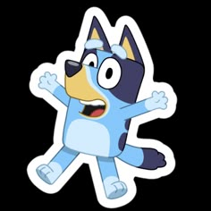 a blue dog sticker with its arms out and eyes wide open, in the shape of a cartoon character