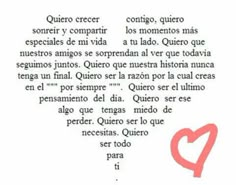 an open book with words written in spanish and english on the page, heart shaped