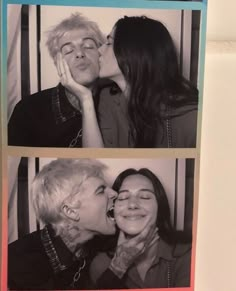 black and white photograph of woman kissing another woman's face in three different photos