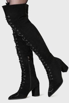 EVENING HILL.- Statement faux suede boot.- Full length adjustable lace up closure.- Statement black-on-black embroidery.- Inside zip.- Pointed toe.- Block heel 8cm.- Over knee length. With KILLSTAR branding, Fabric 1: 100% Polyester, Lining: 100% PU.Wipe clean with a damp cloth. Imported. Black Gothic High-top Lace-up Boots, Gothic Knee-high Lace-up Boots For Alternative Fashion, Gothic Fitted Knee-high Heeled Boots, Fitted Gothic High Heel Lace-up Boots, Killstar Boots, Faux Suede Boots, Black Embroidery, Suede Boots, Shoes Heels Boots