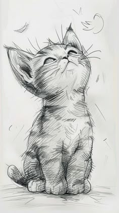 a black and white drawing of a cat sitting on the ground with its eyes closed