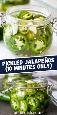 pickled jalapenos in jars with text overlay